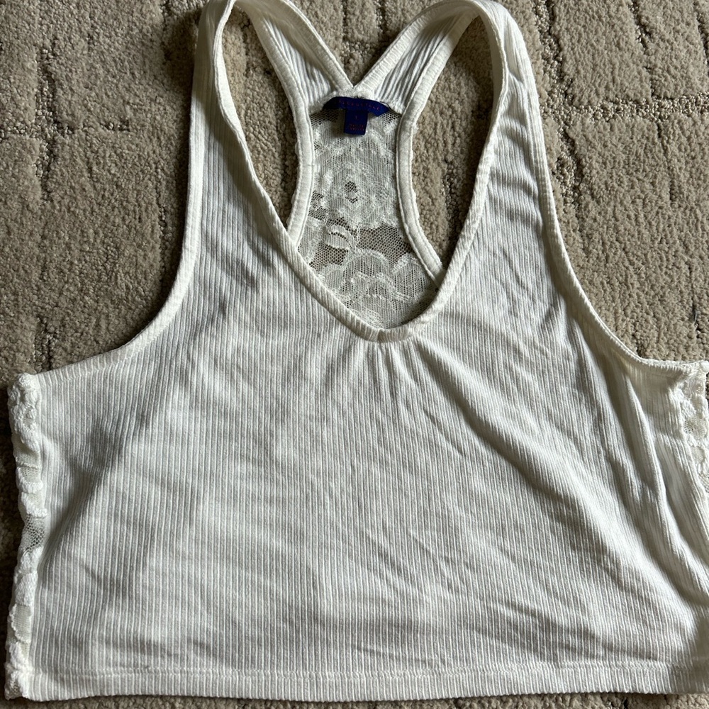 White v lined racer back summer cropped top with backless sheer lace Aeropostal